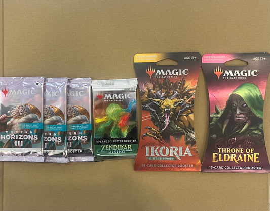 3x MH3 Draft Boosters, 1x Zendikar Rising Booster, 1x Ikoria Blister, 1x Throne of Eldraine